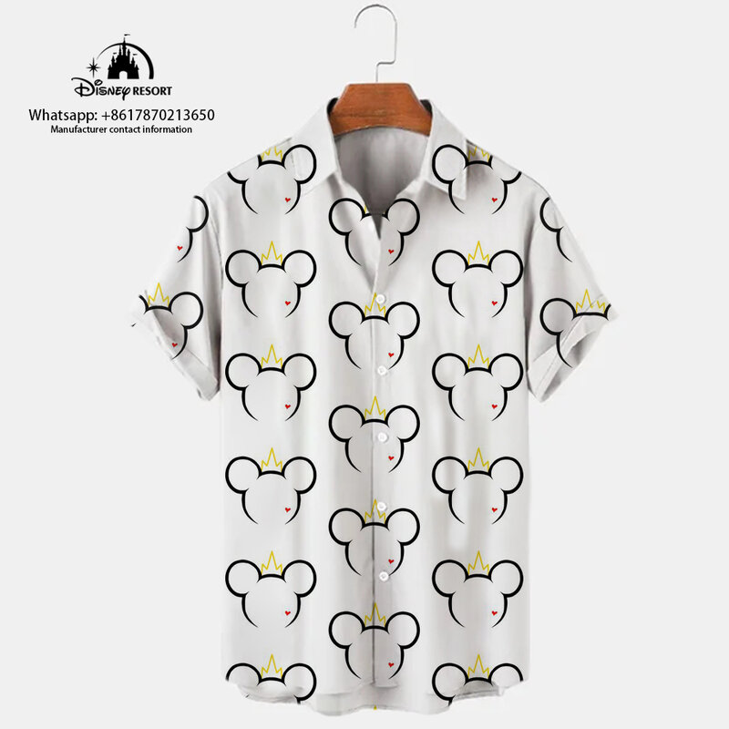 라펠 반팔 싱글 브레스트 셔츠, 미키 패턴 프린트 캐주얼 비치 셔츠, 하라주쿠 스트리트 스타일, Y2K, 3D 패션, 2024 신제품
