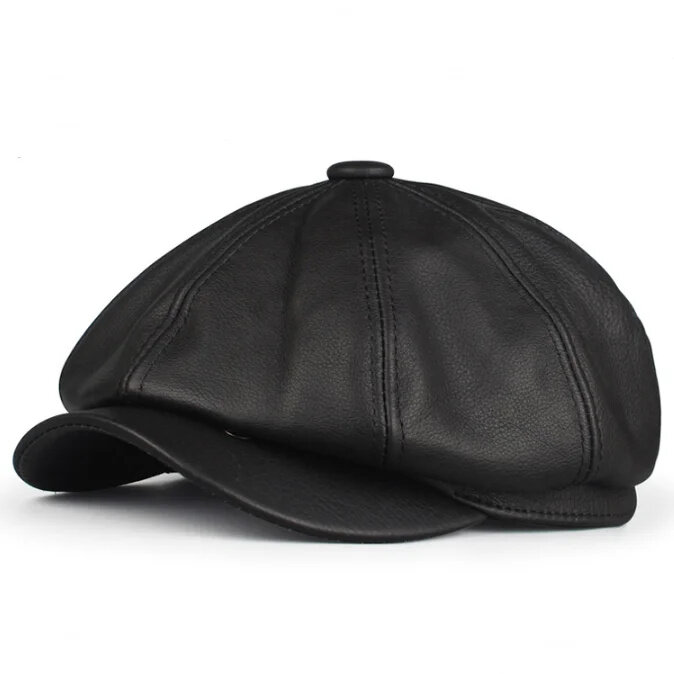 Retro Octagonal Genuine Hat Autumn Men's Cowhide Leather Beret Elegant Fashion Student Tongue Cap Snapback Caps For Men