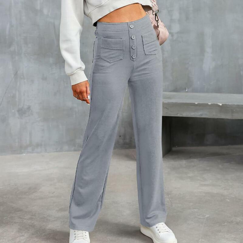 Pantalones elásticos de cintura abotonada para mujer, pantalones de pierna ancha de cintura alta con cierre de botón, bolsillos elásticos, informales suaves para mujer