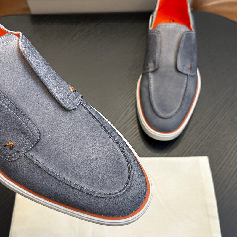 Designer Heren Grijze Pederige Amandel-Neus Loafers Nubuck Kalf Suède Leer In Vintage Look Slip-On Heren Schoenen