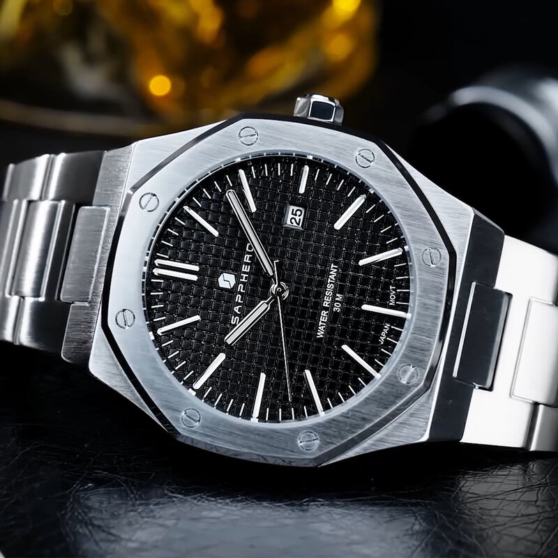 SAPPHERO Восьмиугольные часы для мужчин, роскошные деловые наручные часы высокого качества со светящейся датой 30 м, водонепроницаемые кварцевые часы, мужской подарок