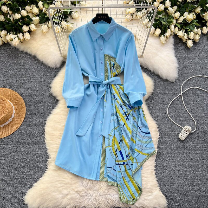 Платье женское ТРАПЕЦИЕВИДНОЕ асимметричное с отложным воротником, повседневный элегантный наряд в французском винтажном стиле пэчворк, на лето