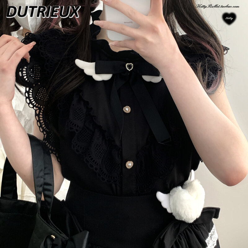 Japońska kopalnia koszula Lolita słodka Kawaii słodka kokardka koronkowe koszule mała stójka z falbanym rękawem biała bluza Mujer letnia Camisa