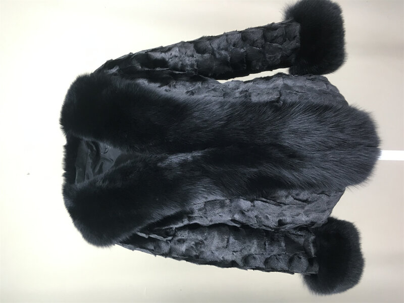 Manteau en fourrure de vison épissé naturel noir pour femme, veste luxueuse et élégante, col en fourrure de renard, poignets avant, optique chaude, véritable, 230602