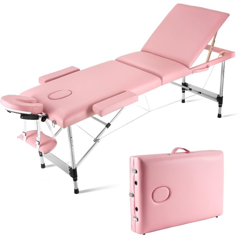 Lettino da massaggio portatile 3 pieghe 23.6 "largo, lettino da massaggio in alluminio regolabile in altezza con poggiatesta, braccioli e borsa per il trasporto