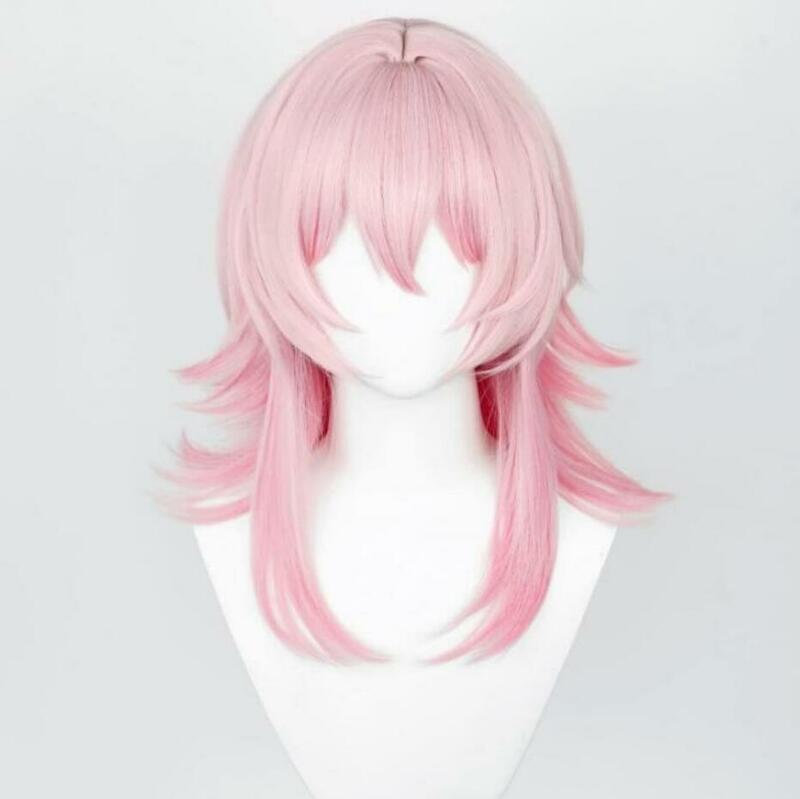 March 7th Wig Cosplay serat sintetis, wig sintetis Honkai Star Rail, Wig cosplay Pink, rambut pendek + Wig rel Star Honkai