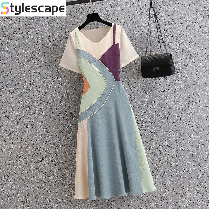 Elegantes und soziales Kleid 2024 neues Sommer übergroßes Nischen design fühlt sich schlank an und fälscht zwei elegante kontrast farbene Kleider