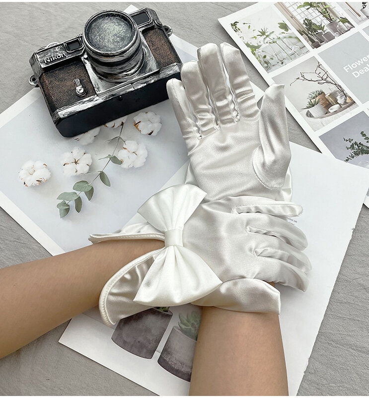 Elegancka krótka rękawiczki ślubne ślubna z satynową kokardą na palec druhna wykonuje rękawiczki na nadgarstki balu dla kobiet w konkursie guantes