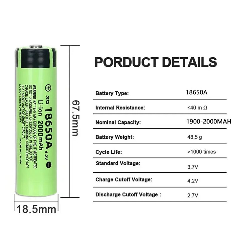 New Hot Sale 18650 High Quality 4.2V 2000mAh Battery Rechargeable Power High-capacity Lithium Battery with LED Flashlight