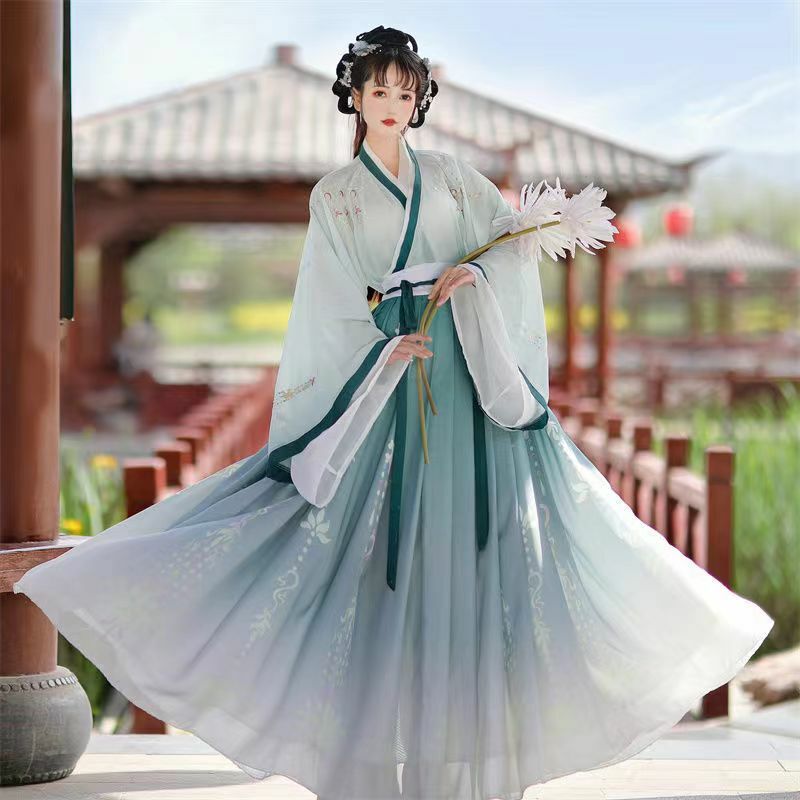 Vestido de dança bordado tradicional chinês feminino, hanfu feminino, fantasia de cosplay de fadas gradiente azul e verde, hanfu para palco