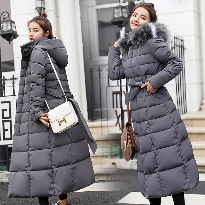 2023 New Winter Jacket Women's Warm Fashion Bow Belt Fox Fur Collar Coat Long Dress Women's Thick Coat