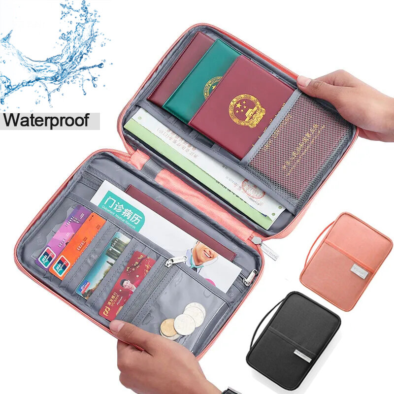 Porte-passeport de voyage étanche multifonction pour femme, étui rose, sacs pour documents de famille, sac d'accessoires de voyage