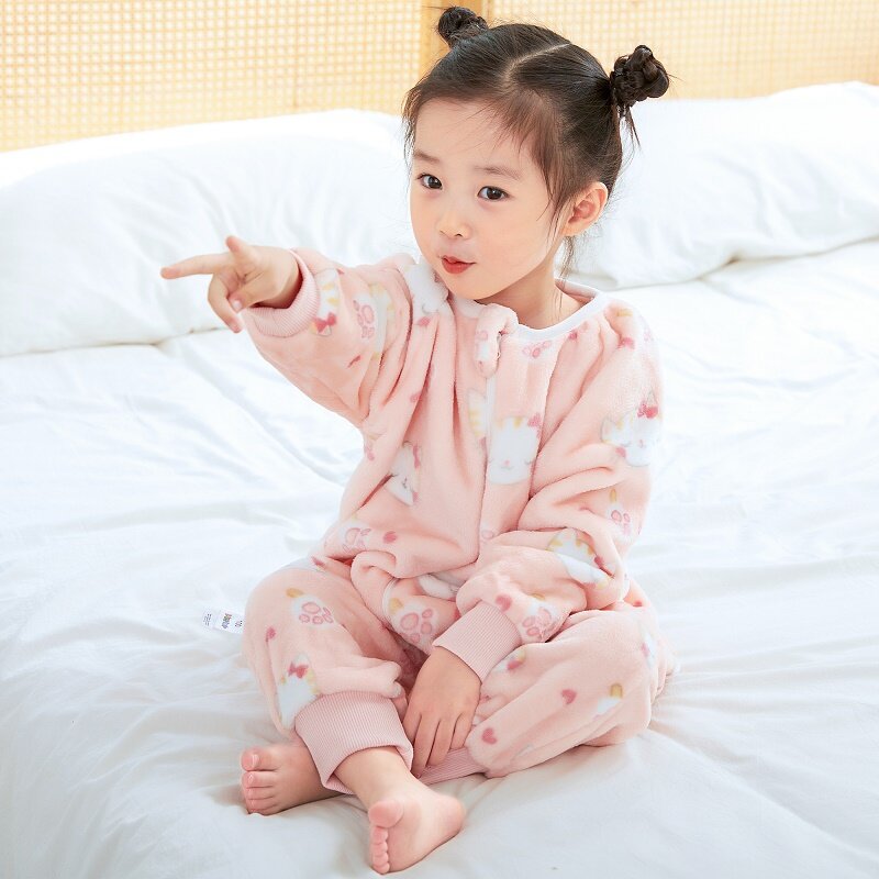 MICHLEY-Pijama fofo dos desenhos animados com pés para meninos e meninas, saco de dormir flanela, pijamas infantis, pijamas de inverno para bebê, gato rosa