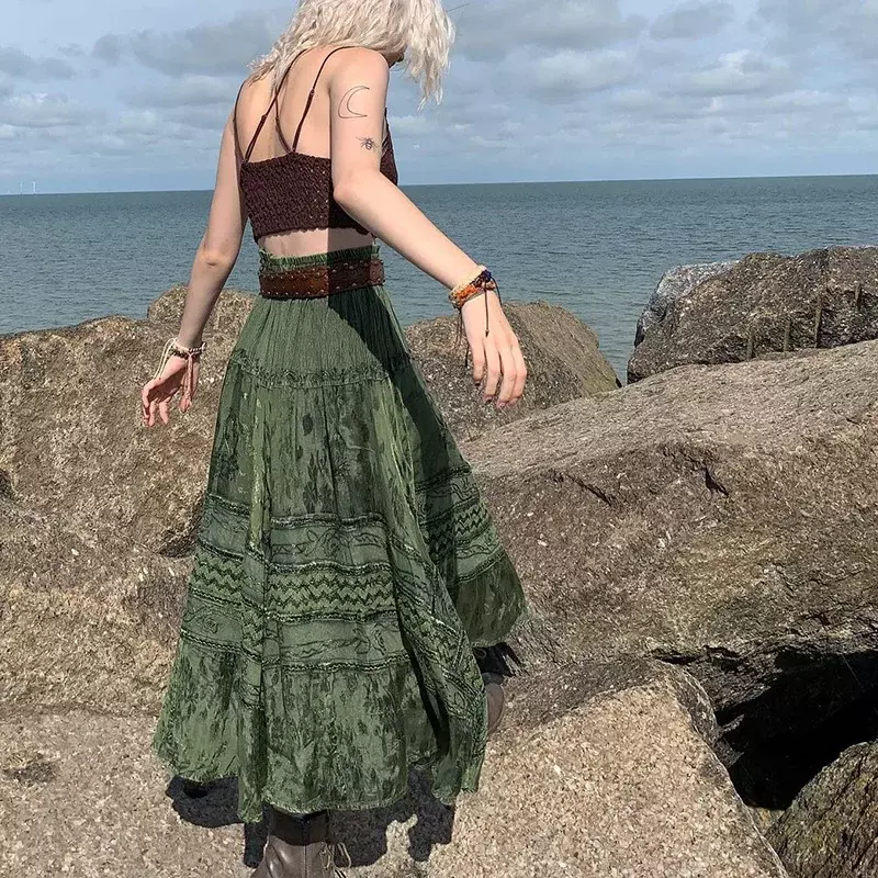 Rok seksi wanita 90s Vintage Boho rok Midi Fairycore Grunge Kawaii pinggang tinggi gaun berlipat panjang pakaian jalanan musim panas Y2k