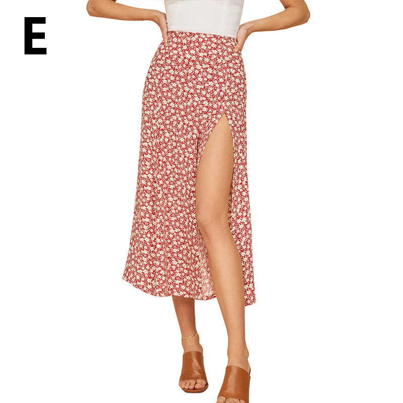 1PC Beach Skirts Long High Waist Stretch Split A-line Skirts Vintage Flower Women Print