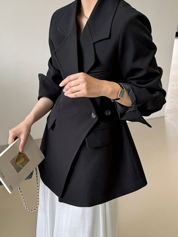 [LANMREM] blazer asimetri pinggang Gathered untuk wanita jaket kantor lengan panjang Solid Wanita Mode 2024 musim semi baru 26D8947