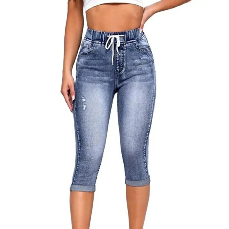Casual Women Jeans Stylish Women's Men's Gradient Cropped Jeans Elastic High Waist Drawstring Pockets Slim Fit Butt-lifted
