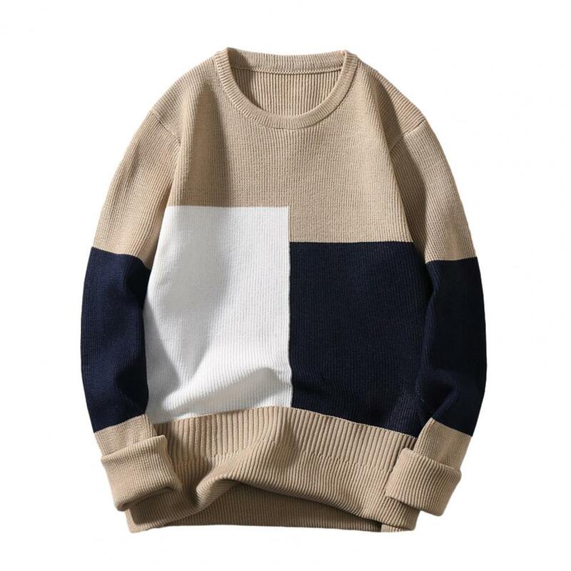 Men Fall Winter Sweater Thick Knitted Colorblock Long Sleeve Patchwork Round Neck Loose Pullover Elastic Loose Warm Sweater
