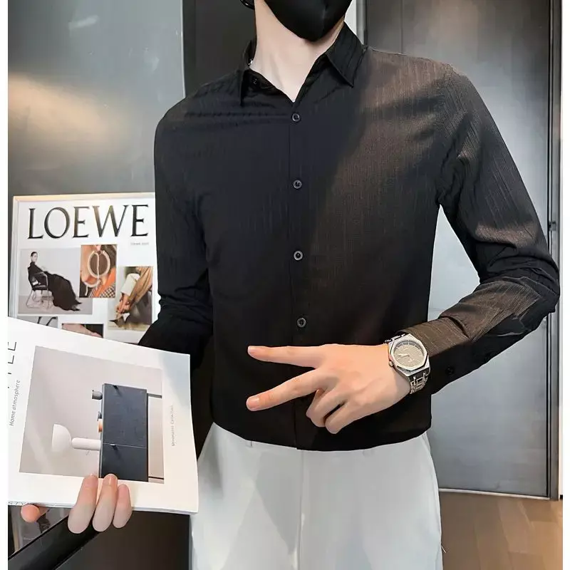 Formal Turn-down Collar Loose Business Casual Fashion Button Pleated Shirts Man Spring Summer Men's Clothing Handsome Capable
