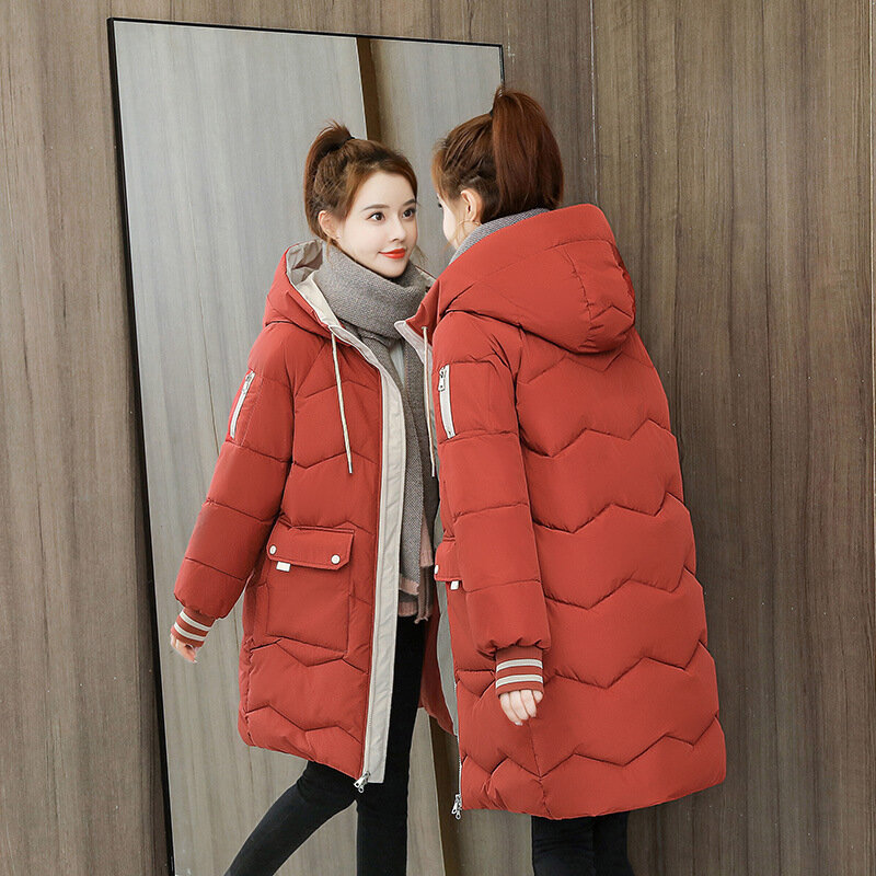 Parka acolchoada de algodão de comprimento médio feminino, casaco com capuz, sobretudo casual, roupa de neve solta, jaqueta monocromática, quente, espessa, inverno, 4XL