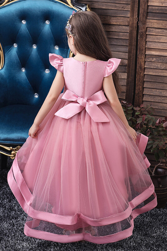 Gaun anak perempuan renda applique bordir gaun Komuni Pertama Putri Puffy tanpa lengan gaun ulang tahun pernikahan lucu pita