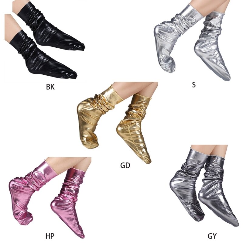 Calcetines holgados de charol de imitación para mujer y niña, divertidos calcetines metálicos brillantes con efecto mojado, de