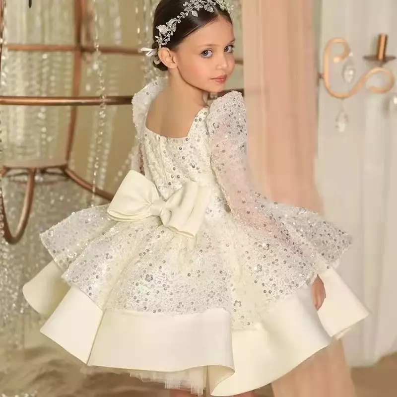 Vestidos de fiesta para niña, ropa de princesa con purpurina blanca, brillante, lujosa, primera comunión, cumpleaños