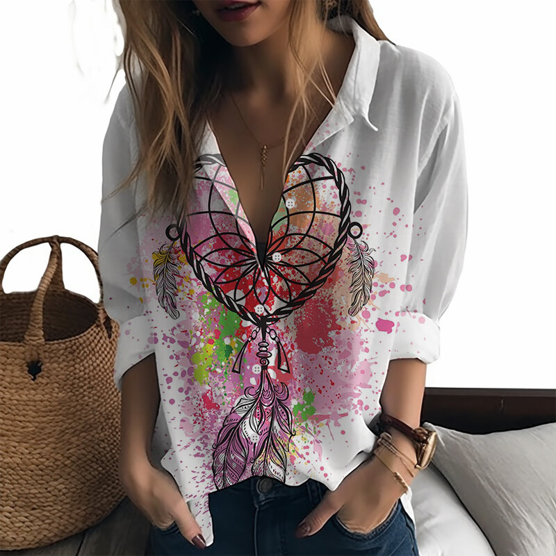 Camisa con estampado 3D de atrapasueños para mujer, camisa informal, tendencia de moda, primavera y otoño, novedad