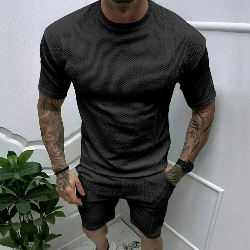Camiseta masculina de manga curta com o pescoço com cordão elástico na cintura calções de perna larga, roupa de verão, conjunto sportswear, 2 peças por conjunto