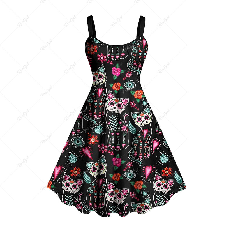 Vestido sem encosto em linha para mulheres, gótico, floral colorido, gato, coração, asa estampada, verão, 2022