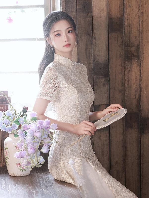 Cheongsam colarinho mandarim vintage, vestido manga curta, trajes tradicionais, qipao elegante, verão