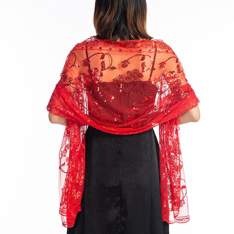 Женский кружевной шарф-шаль с блестками, элегантное вечернее платье-Ципао, шаль с вырезами и кисточками, сетчатые Свадебные палантины