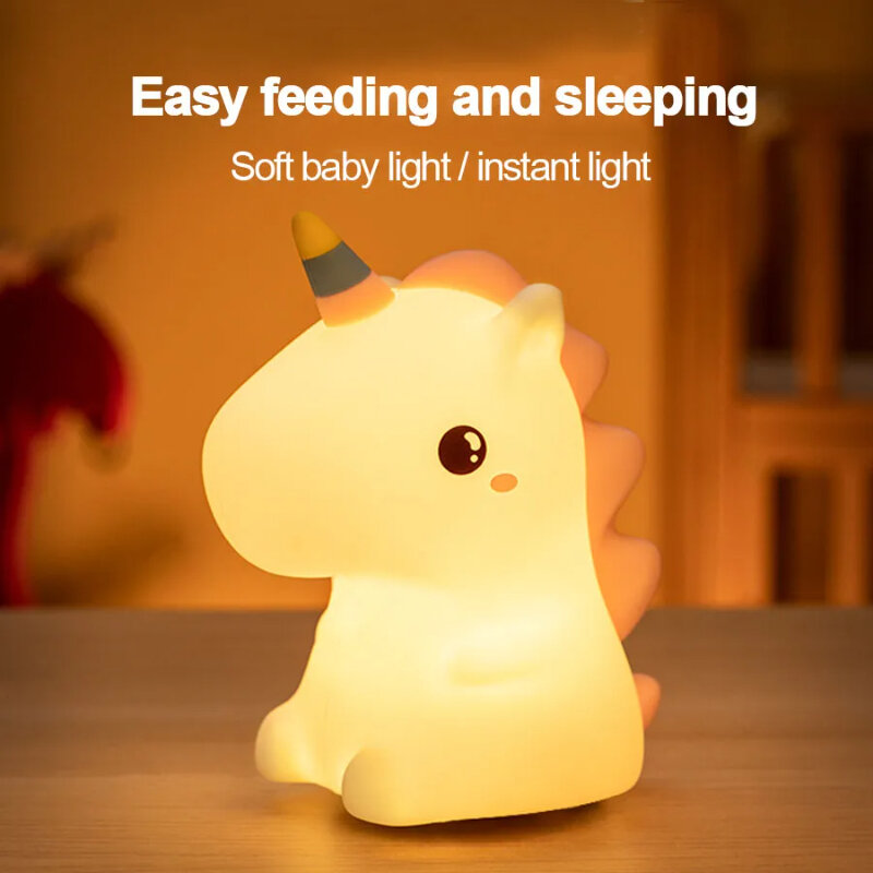 Unicorn Schattige Siliconen Led Nachtlampje Voor Kinderen Usb Oplaadbare Cartoon Dier Slaapkamer Decor Touch Nachtlampje Creatief Cadeau