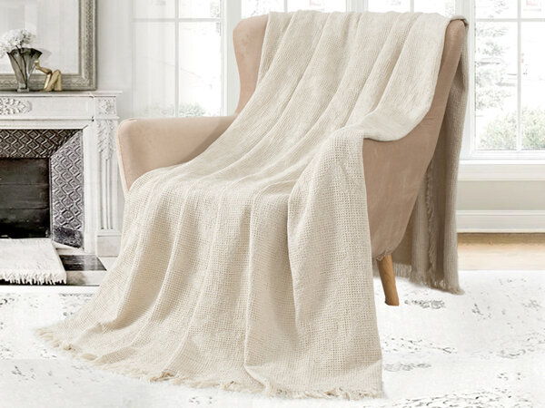 VERAMUSE 100% cotton blanket - Summer Blanket with Tassels , Lightweight Decorative Farmhouse Blanket for Sofa and Bed