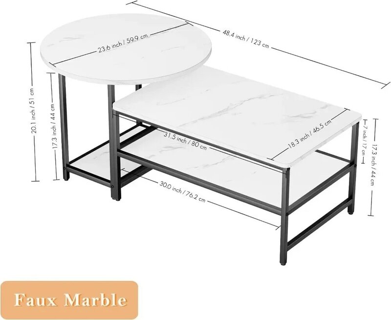 Tables basses modernes blanches pour salon, poignées amovibles, 2 petites tables basses, faux marbre blanc