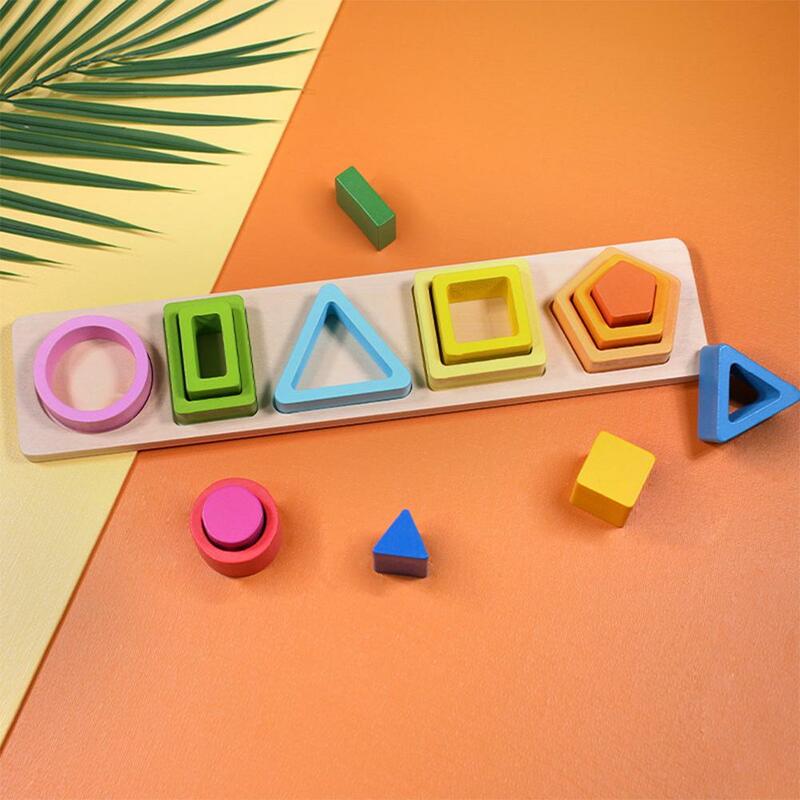 Formas geométricas blocos de construção para crianças, combinando macaron brinquedos educativos, puzzle educação infantil, coluna de cinco peças
