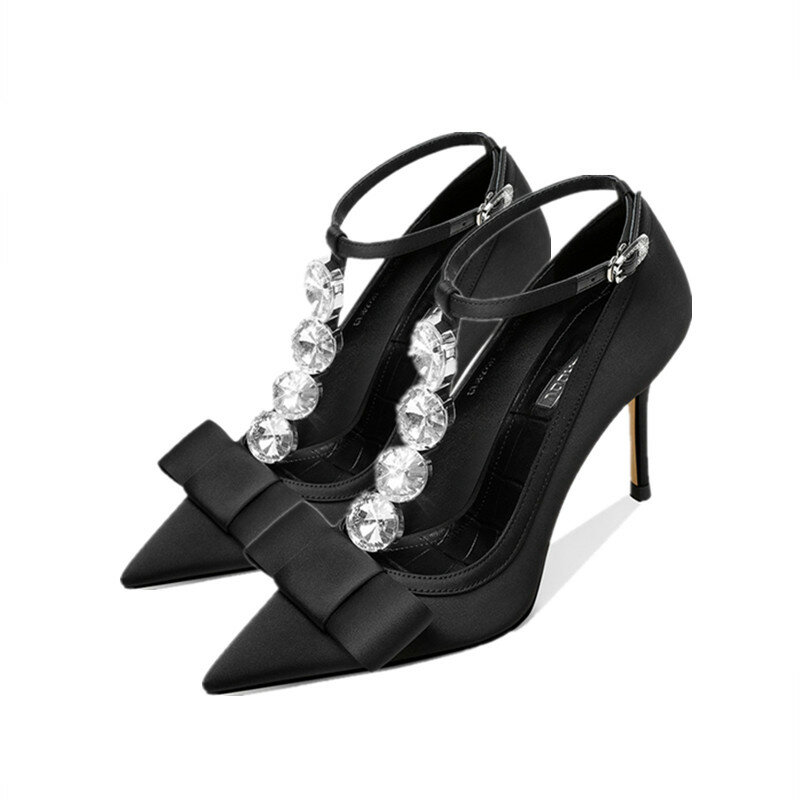 FHC-zapatos de boda con diamantes de imitación y pajarita para mujer, tacones altos, puntiagudos, poco profundos, satén de seda, 31-45, envío directo, 2024