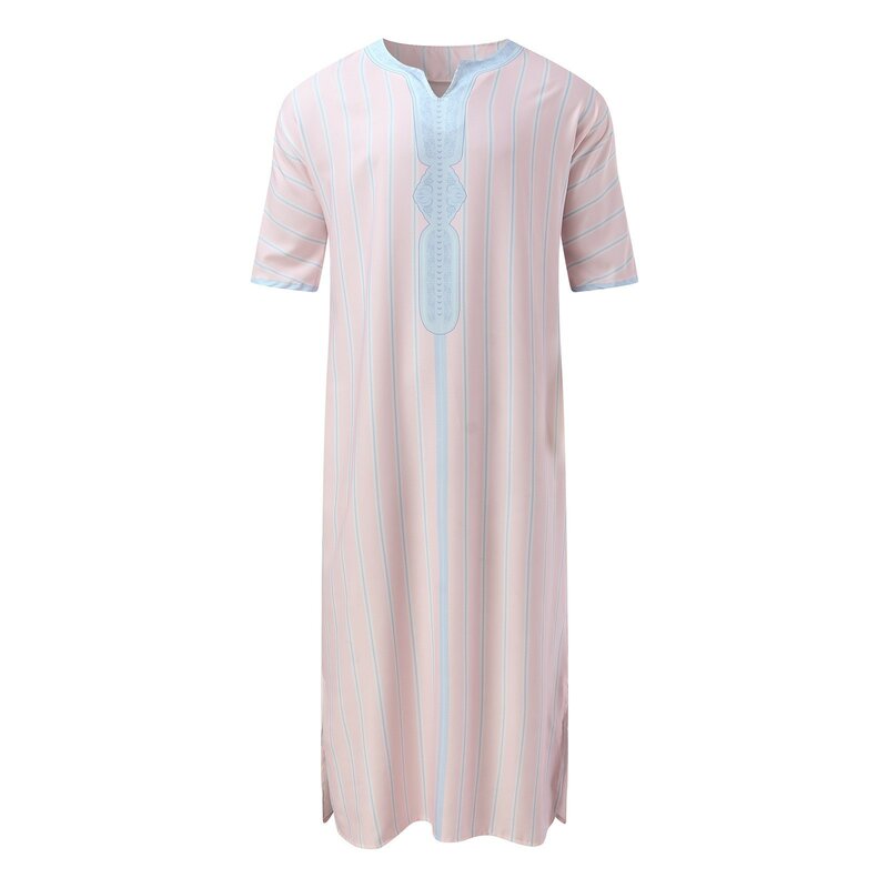 Men'S Short-Sleeved Muslim Clothing Arabic Ethnic Retro Style V-Neck Patchwork Printed Jumpsuits Muslim Robe Islamic Clothing