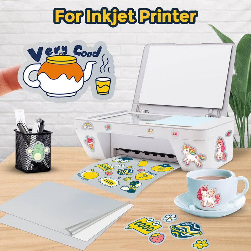 10 Lembar Kertas Stiker Vinil Dapat Dicetak Perak Kertas Fotokopi Printer A4 Kertas Stiker Putih Transparan Kerajinan DIY untuk Printer Inkjet