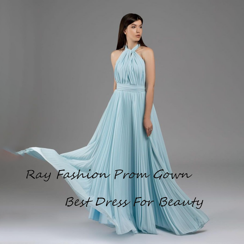 Graceful A LIne Prom Dress Chiffon Halter Neck Sleeveless With Tiered Ruffle Floor Length For Women Formal Party Evening Gowns