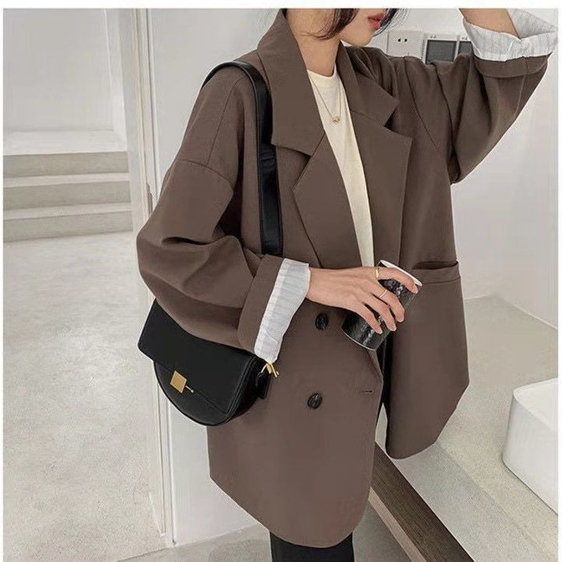Женский блейзер с длинным рукавом HOUZHOU, винтажный коричневый пиджак, Повседневный, универсальный, для осени