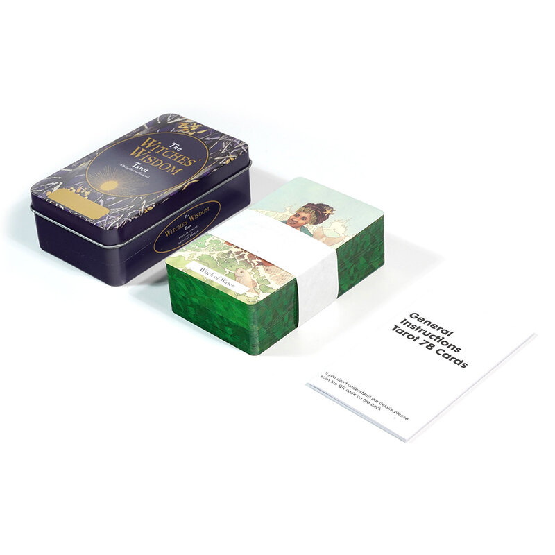 Baraja de Tarot de la sabiduría de las brujas, caja de hojalata con bordes dorados verdes, 10,3x6cm, 78 piezas, cartas de Tarot con guía para principiantes