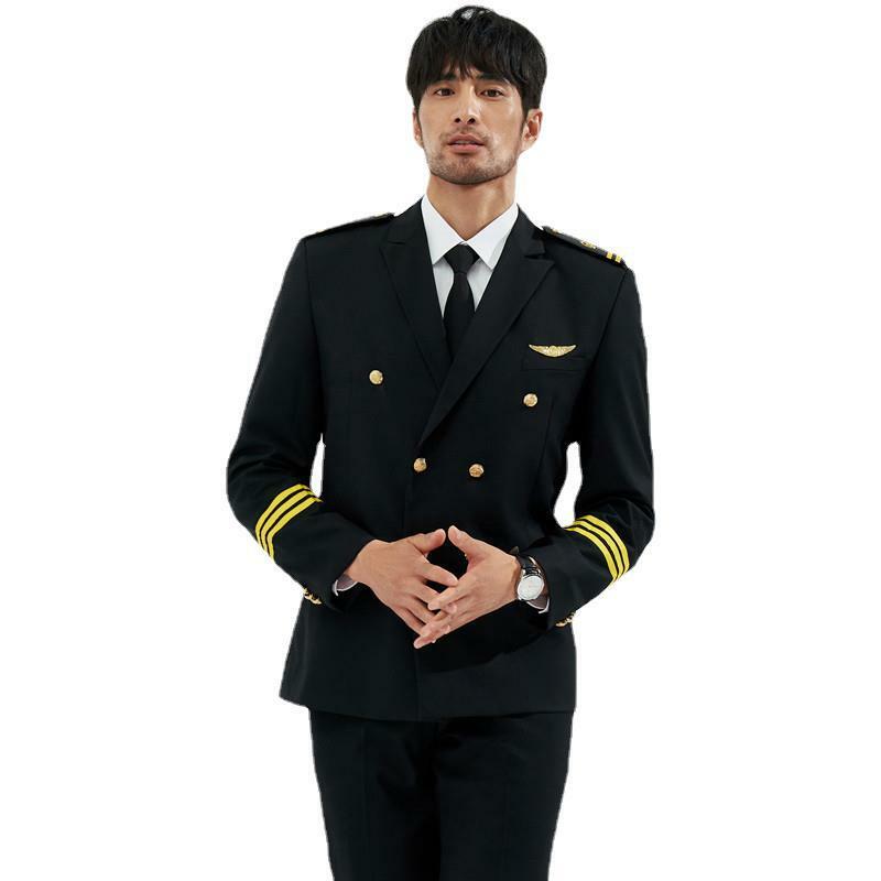 Uniformes de piloto personalizados para hombres y mujeres, uniformes de personal de aviación de alta calidad, color negro, azul marino, venta al por mayor
