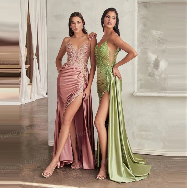Luksusowe sukienki wieczorowe w cukierkowym kolorze V aplikacje z dekoltem damskie syrenka suknie na bal maturalny bez rękawów bez pleców, z wycięciem satynowe mody