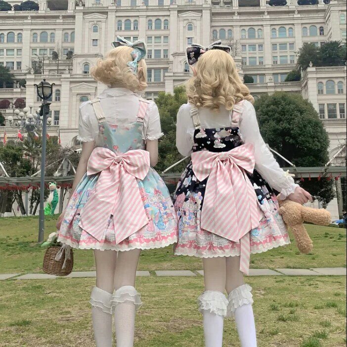 Kawaii Sweet Lolita Jsk Princess Dress Women Cute Cartoon Dog Print Bow Strap Dress Lovely Girl Fashion Tea Party Mini Dress