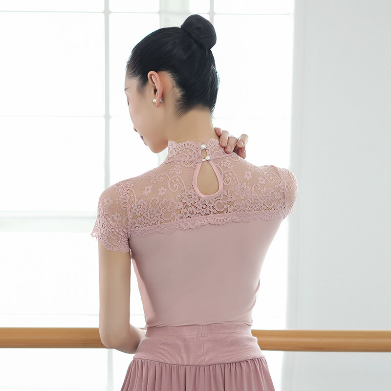 Camiseta feminina de ballet com laço, roupa de dança, balé, pescoço simulado, roupa de náilon, roupa de balé, roupa esportiva