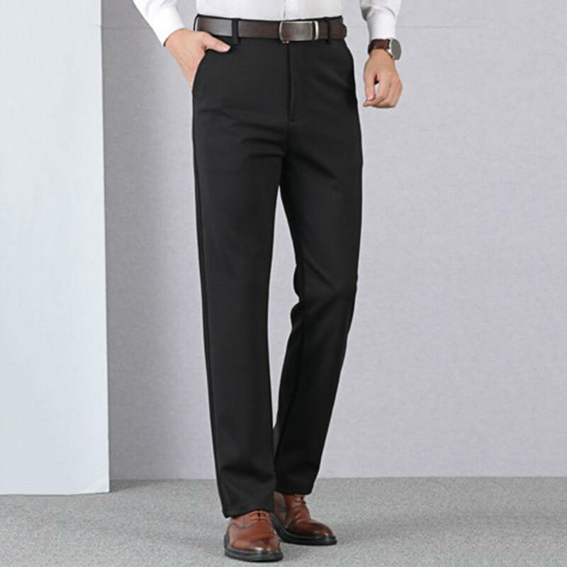 Calça masculina clássica de comprimento total, calça casual de trabalho, cintura alta sólida, reta para escritório, bolso