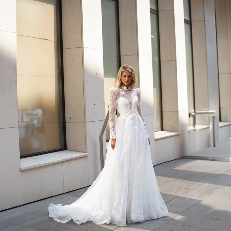 Gaun pernikahan renda Applique leher tinggi sederhana untuk wanita Tulle A-line gaun pernikahan lengan ilusi panjang gaun pengantin robe de marifee
