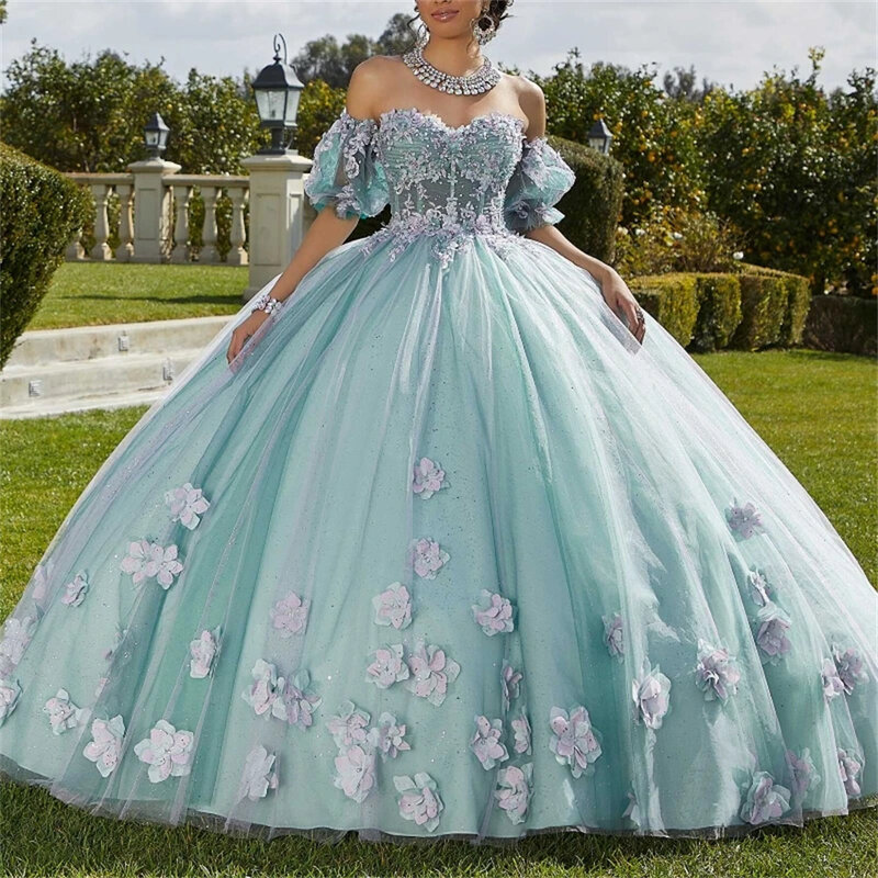 Gaun pesta kekasih berkilau gaun Quinceanera elegan dari bahu Applique korset manik-manik renda Vestidos De