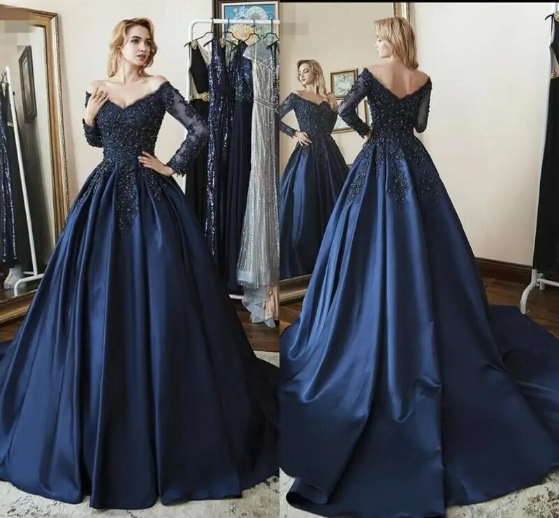Navy-Blue V-Neck Ball Gown Quinceanera Dresses Vestidos De 15 Anos Applique Long Sleeves Cinderella Birthday Gowns